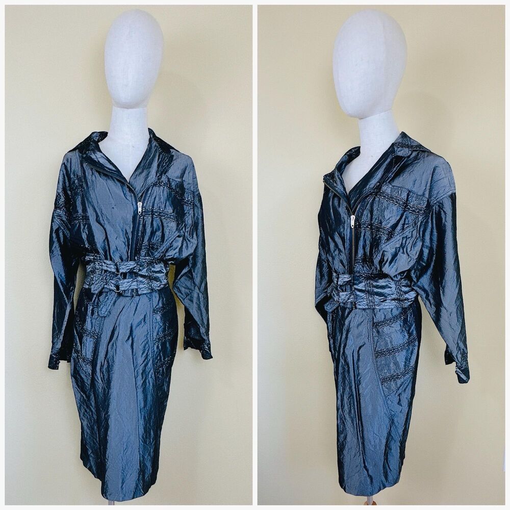 1980s  Silver Windbreaker Suit / 80s Moto Jacket and Pencil Skirt / Small